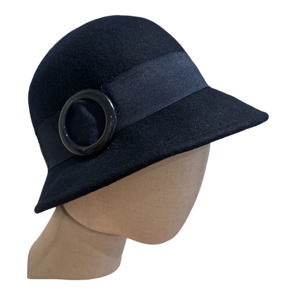 90s WOOL FELT NAVY CLOCHE HAT W GROSGRAIN RIBBON & NAVY BUCKLE RETRO WHMISY 8" - Picture 3 of 7